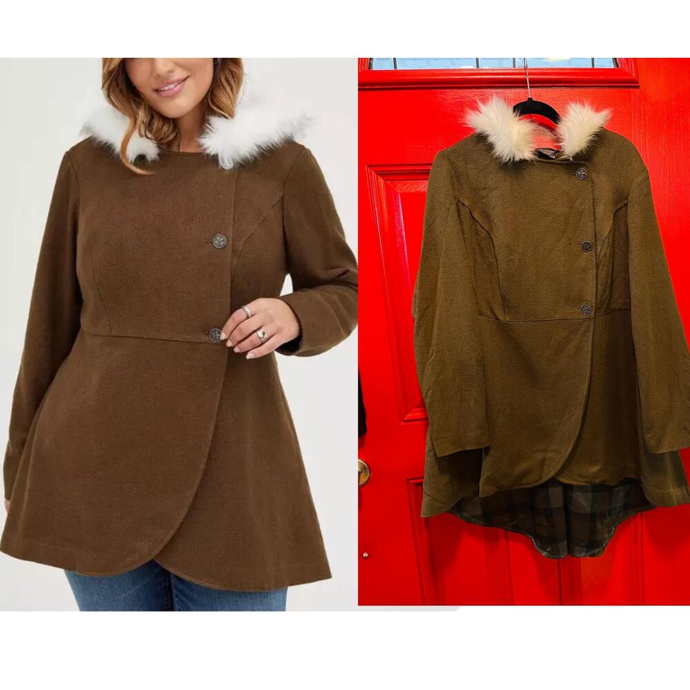 Torrid Plus Size 4 Outlander Faux Fur Hooded Brown Lined Tweed Riding Coat New‎